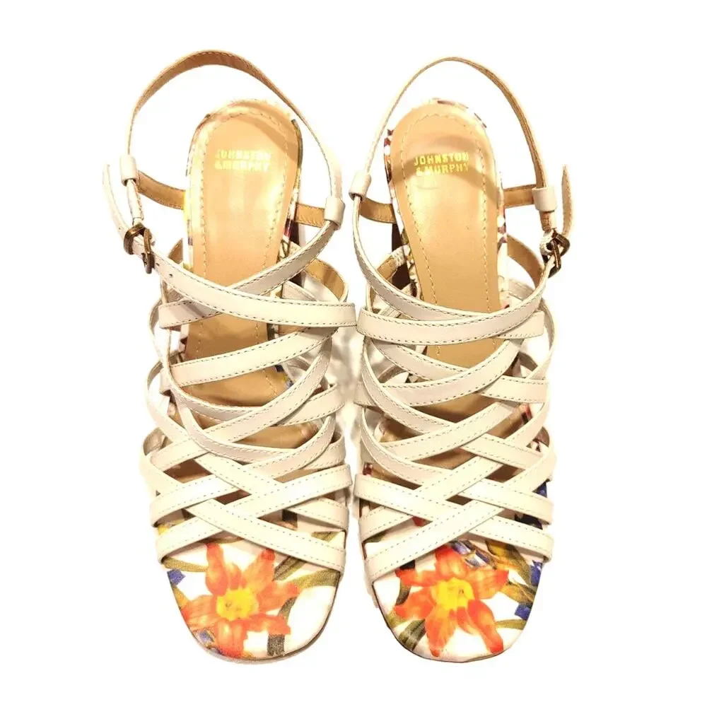 Johnston Murphy Cross Strap Leather Block Heels Strappy Sandals White Womens 5.5